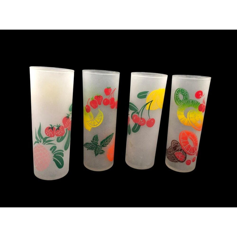 Set Of 4 Mid Century Federal Frosted Tom Collins Glasses With Retro Fruit Design